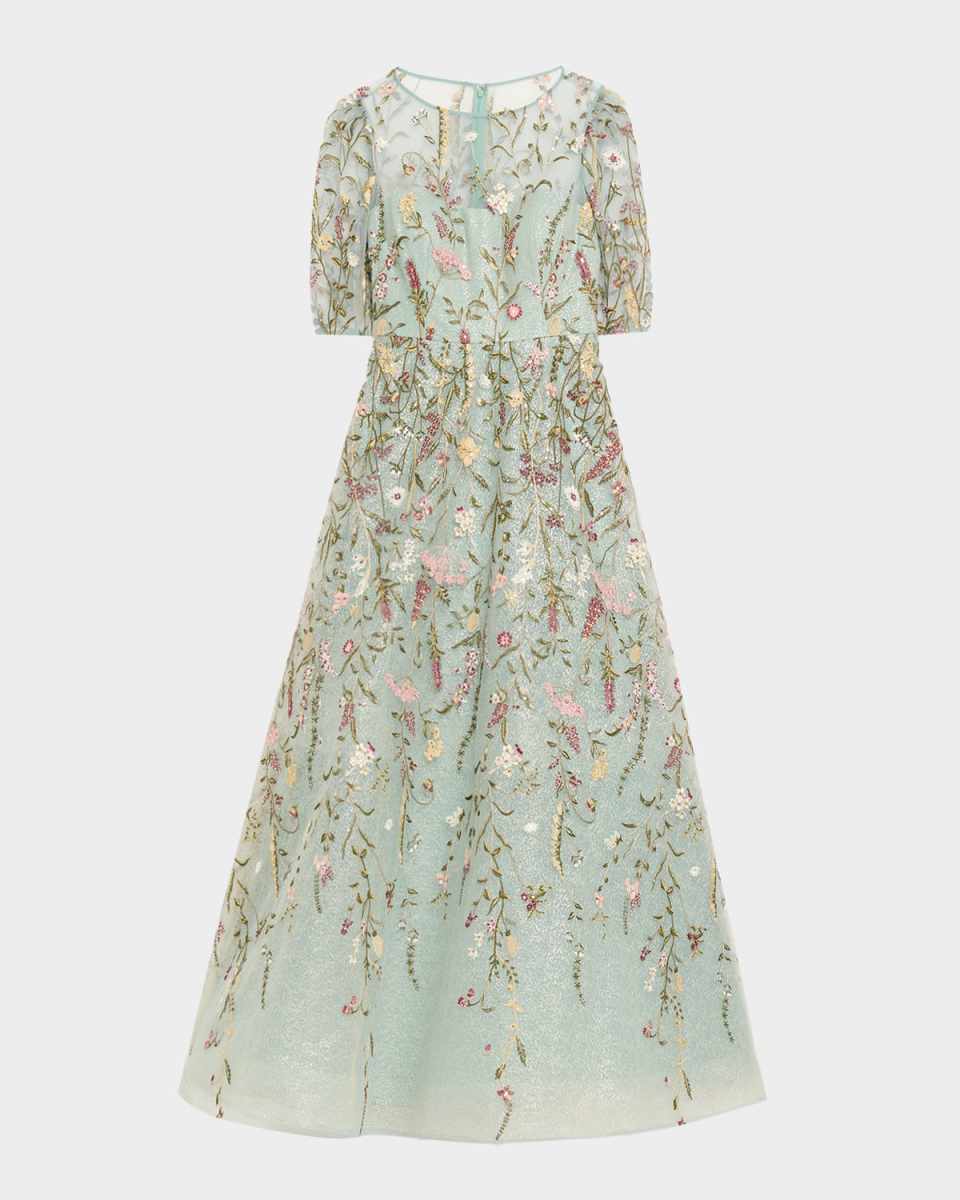 Floral-Embroidered Shimmer Mesh Gown